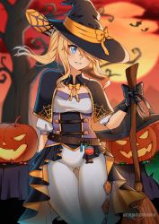 Rule 34 | 1girl, absurdres, artist name, belt, black capelet, black gloves, blonde hair, blue eyes, broom, candy, capelet, commentary, english commentary, flask, food, full moon, genshin impact, gloves, gluteal fold, hair over one eye, halloween, hat, highres, huge filesize, jack-o&#039;-lantern, jean (genshin impact), long hair, moon, newmoonshira, pants, parted lips, red sky, side ponytail, sidelocks, sky, smile, solo, spider web print, thigh gap, tight clothes, tight pants, white pants, witch hat