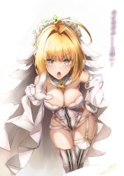 Rule 34 | 10s, 1girl, absurdres, ahoge, areola slip, armpits, blurry, bodysuit, bokeh, breasts, bridal veil, center opening, chain, cleavage, cowboy shot, depth of field, detached collar, fate/extra, fate/extra ccc, fate (series), foreshortening, full-length zipper, garter belt, garter straps, groin, hair between eyes, hair intakes, hand on own hip, head wreath, highres, large breasts, leotard, lock, looking at viewer, motion blur, nero claudius (bride) (fate), nero claudius (bride) (second ascension) (fate), nero claudius (fate), nero claudius (fate) (all), padlock, simple background, solo, standing, strapless, strapless leotard, thighs, torii vita asayoru, translation request, v-shaped eyebrows, veil, white background, white bodysuit, white leotard, zipper, zipper pull tab