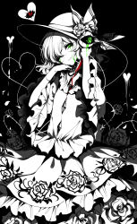 Rule 34 | 1girl, absurdres, bad id, bad pixiv id, black background, blood, bloody knife, bloody tears, bow, colored blood, commentary request, floral print, flower, frills, green blood, green eyes, greyscale, grin, hat, hat bow, hat flower, head tilt, heart, heart of string, highres, holding, holding knife, knife, komeiji koishi, limited palette, long sleeves, looking at viewer, monochrome, one eye closed, petticoat, rose, sheya, shirt, short hair, simple background, skirt, smile, solo, spot color, thorns, touhou, wide sleeves