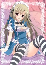 Rule 34 | 1girl, :d, absurdres, black thighhighs, blonde hair, brown eyes, dress, highres, inugami kira, long hair, maid, maid headdress, open mouth, sitting, smile, spread legs, striped clothes, striped thighhighs, thighhighs, white thighhighs, wrist cuffs