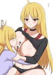 Rule 34 | ..., 2girls, absurdres, ahoge, blonde hair, bocchi the rock!, breast sucking, breasts, choker, closed eyes, closed mouth, clothes lift, hand on another&#039;s head, highres, huge breasts, ijichi nijika, ijichi seika, incest, light blush, long hair, multiple girls, orange eyes, shinonome kon (sino kon), shirt lift, siblings, simple background, sisters, translation request, white background, yuri