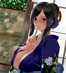 Rule 34 | 1990s (style), 1girl, black hair, breasts, brown eyes, cleavage, final fantasy, final fantasy vii, finger to mouth, highres, huge breasts, japanese clothes, kimono, long hair, retro artstyle, solo, switch01, tifa lockhart