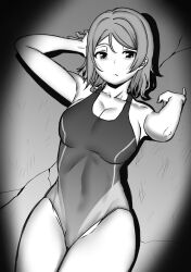 Rule 34 | 1girl, armpit crease, arms up, breasts, cameltoe, cleavage, competition swimsuit, drolian2, greyscale, highres, love live!, love live! sunshine!!, medium breasts, monochrome, one-piece swimsuit, short hair, simple background, solo, swimsuit, thighs, watanabe you