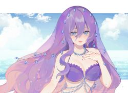 Rule 34 | 1girl, artist name, bead necklace, beads, blue eyes, commission, hair between eyes, highres, jewelry, long hair, mermaid, monster girl, nail polish, necklace, ocean, open mouth, original, purple hair, rionkun81, sky, solo, upper body, veil