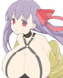 Rule 34 | 10s, 1girl, absurdres, bad id, bad twitter id, bare shoulders, belt, belt collar, breasts, collar, criss-cross halter, donguri suzume, fate/extra, fate/extra ccc, fate (series), hair ribbon, halterneck, highres, huge breasts, long hair, looking at viewer, o-ring, o-ring top, parted lips, passionlip (fate), purple hair, red eyes, red ribbon, ribbon, simple background, solo, upper body, white background