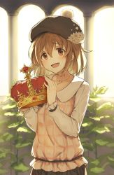 Rule 34 | 1girl, backlighting, beret, bionekojita, blouse, blush, brown eyes, brown hair, collarbone, column, commentary request, crown, gem, hat, heart, highres, holding, holding crown, idolmaster, idolmaster cinderella girls, jewelry, kita hinako, light blush, long sleeves, looking at viewer, necklace, open mouth, pillar, plant, pom pom (clothes), shirt, short hair, smile, solo