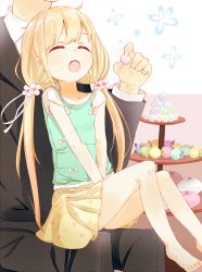 Rule 34 | 10s, 1boy, 1girl, :3, ^ ^, bad id, bad pixiv id, barefoot, blonde hair, candy, casual, child, closed eyes, collarbone, closed eyes, feet, flower, food, formal, futaba anzu, hair flower, hair ornament, head out of frame, highres, idolmaster, idolmaster cinderella girls, long hair, on lap, open mouth, polka dot, polka dot skirt, producer (idolmaster), sitting, sitting on lap, sitting on person, skirt, smile, suit, twintails, v arms, very long hair, wankoo-mikami