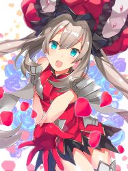 Rule 34 | 1girl, :d, armor, bare arms, bare shoulders, black skirt, blue eyes, fate/grand order, fate (series), flower, foreshortening, frills, gloves, hat, large hat, long hair, looking at viewer, marie antoinette (fate), miniskirt, open mouth, outstretched hand, petals, popompon, red gloves, red shirt, rose petals, shirt, sidelocks, silver hair, skirt, sleeveless, sleeveless shirt, smile, solo, thighhighs, twintails, white thighhighs, zettai ryouiki