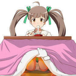 Rule 34 | 1girl, ahoge, barefoot, blouse, blush, bowl, brown eyes, brown hair, chopsticks, collared shirt, commentary request, crotch seam, disembodied hand, eating, food, gameplay mechanics, green ribbon, hair ribbon, hakozaki serika, holding, holding chopsticks, idolmaster, idolmaster million live!, kotatsu, lielos, long hair, looking at viewer, mochi, panties, pantyshot, partial commentary, ribbon, shirt, simple background, sitting, solo, table, twintails, underwear, v-shaped eyebrows, white background, white shirt