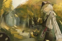 Rule 34 | 1girl, absurdres, apron, arknights, beanstalk (arknights), blurry, blurry background, box, braid, brown apron, brown hat, commentary, creature, day, ears through headwear, falling leaves, forest, gloves, grass, green gloves, grey hair, hat, highres, holding strap, leaf, long hair, long sleeves, metal crab (arknights), mm30212, nature, open mouth, outdoors, shirt, single braid, smile, solo, striped clothes, striped shirt, yellow eyes