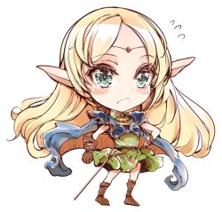 Rule 34 | 1girl, armor, blonde hair, blue eyes, blush stickers, chibi, circlet, deedlit, elf, endou okito, flying sweatdrops, long hair, pauldrons, pointy ears, record of lodoss war, shoulder armor, simple background, solo, sword, weapon, white background