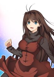 Rule 34 | 1girl, :d, antenna hair, aozaki aoko, blue eyes, blush, breasts, brown hair, commentary request, dress, gradient background, hair between eyes, hair intakes, highres, hirakawa, long hair, long sleeves, looking at viewer, mahou tsukai no yoru, medium breasts, open mouth, red dress, simple background, smile, solo, teeth, upper body, very long hair, white background