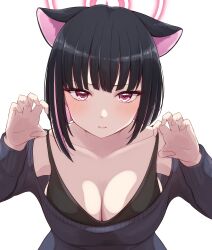 Rule 34 | 1girl, absurdres, animal ears, black bra, black hair, black sweater, blue archive, blunt ends, blush, bra, breasts, cat ears, claw pose, cleavage, collarbone, colored inner hair, extra ears, halo, highres, kazusa (blue archive), kyana (5024777), large breasts, long sleeves, looking at viewer, multicolored hair, off-shoulder sweater, off shoulder, pink eyes, pink hair, short hair, solo, sweater, two-tone hair, underwear, upper body