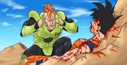 Rule 34 | android 16, armor, artist name, black hair, blood, blood on clothes, blood on face, blood on ground, blood splatter, blue eyes, blue shirt, blue wristband, bodysuit, cloud, cloudy sky, commentary, dougi, dragon ball, dragon ball fighterz, dragonball z, earrings, english commentary, closed eyes, green armor, injury, invincible (series), jewelry, lying, meme, mohawk, muscular, muscular male, on back, on ground, open mouth, orange hair, orange pants, orange shirt, pants, parody, plantsa man, red ribbon army, shirt, sky, son goku, spiked hair, stone, think mark think! (meme), watermark, wristband