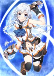 Rule 34 | 10s, 1girl, :d, ange vierge, arm up, black gloves, black thighhighs, blue eyes, braid, dual wielding, full moon, gloves, holding, looking at viewer, moon, navel, open mouth, revision, silver hair, smile, solo, sword, thighhighs, twin braids, weapon, yappen