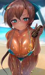 Rule 34 | 1girl, absurdres, akigumo (kancolle), akizuki shigure, alternate breast size, aqua bikini, beach, bikini, blush, breasts, brown hair, closed mouth, collarbone, day, feet out of frame, green eyes, hair between eyes, highres, huge breasts, kantai collection, long hair, mole, mole under eye, ocean, pouring, pouring onto self, smile, solo, suggestive fluid, swimsuit