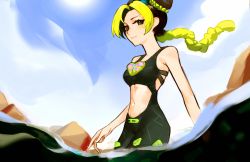 Rule 34 | 1girl, bare arms, bare shoulders, blue sky, braid, breasts, closed mouth, clothing cutout, cowboy shot, day, double bun, floating hair, green eyes, green hair, hair bun, highres, jojo no kimyou na bouken, kuujou jolyne, long hair, looking at viewer, navel, outdoors, sky, small breasts, smile, solo, standing, stomach cutout, stone ocean, vergil mon, wading