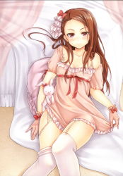 Rule 34 | 1girl, absurdres, bare shoulders, bed, blush, bow, bra strap, brown eyes, brown hair, courreges ace, curtains, forehead, garter belt, gloves, hair bow, highres, idolmaster, idolmaster (classic), jitome, lingerie, long hair, looking at viewer, loose thighhigh, lying, minase iori, nightgown, off shoulder, pillow, ribbon, scan, seductive smile, sitting, smile, solo, stuffed animal, stuffed rabbit, stuffed toy, thighhighs, thighs, underwear, zettai ryouiki