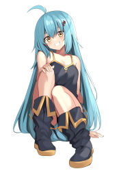 Rule 34 | 1girl, antenna hair, bare shoulders, black footwear, blue hair, blush, boots, breasts, character request, cleavage, copyright request, hair between eyes, hair ornament, highres, light blue hair, long hair, mahcdai, musical note, musical note hair ornament, simple background, sitting, smile, solo, teeth, very long hair, white background, yellow eyes