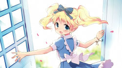 Rule 34 | 10s, 1girl, :d, alice cartelet, blonde hair, blue eyes, bow, dress, frills, hair bow, hair ribbon, hara yui, highres, key, charm (object), kin-iro mosaic, looking back, official art, open mouth, petals, ribbon, short hair, short sleeves, smile, solo, twintails