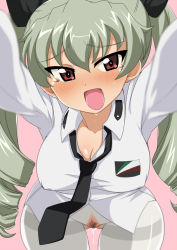 Rule 34 | 10s, 1girl, anchovy (girls und panzer), artist request, blush, breasts, cleavage, girls und panzer, green hair, hair ornament, highres, kurosawa shouichi, large breasts, no panties, pantyhose, pussy juice, red eyes, ribbon, saliva, solo, torn clothes, torn pantyhose, twintails, white pantyhose