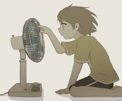 Rule 34 | 1boy, absurdres, avogado6, child, commentary, curious, electric fan, highres, kneeling, original, short hair, shorts, solo, white background, wide-eyed, wind