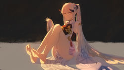 Rule 34 | 1girl, absurdres, barefoot, ciyana, feet, highres, horns, indie virtual youtuber, long hair, looking at viewer, soles, toes, twintails, white hair, yellow eyes