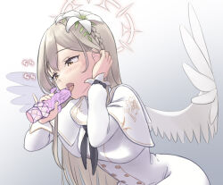 Rule 34 | 1girl, angel wings, black neckerchief, blue archive, blush, brown eyes, danbora, dress, feathered wings, flower, gradient background, hair between eyes, hair flower, hair ornament, halo, light brown hair, long hair, nagisa (blue archive), neckerchief, open mouth, solo, upper body, white dress, wings, yellow halo