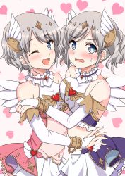 Rule 34 | 2girls, ;d, akari (angel) (princess connect!), akari (princess connect!), asymmetrical docking, bare shoulders, blue eyes, blush, breast press, breasts, bridal gauntlets, dress, fingerless gloves, gloves, grey hair, heart, highres, large breasts, looking at viewer, multiple girls, one eye closed, open mouth, pink dress, princess connect!, purple skirt, revealing clothes, siblings, sisters, skirt, small breasts, smile, sweatdrop, twins, wings, yori (angel) (princess connect!), yori (princess connect!), yue (show-ei)
