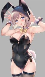 Rule 34 | 1girl, absurdres, animal ears, armpits, arms up, bare arms, bare shoulders, black leotard, blue eyes, blush, breasts, cleavage, detached collar, fake animal ears, grey background, grey thighhighs, hair ornament, hairclip, hamakaze (kancolle), highres, kantai collection, large breasts, leotard, monoto, open mouth, playboy bunny, rabbit ears, rabbit tail, short hair, silver hair, simple background, skindentation, solo, tail, thighhighs, yellow neckwear