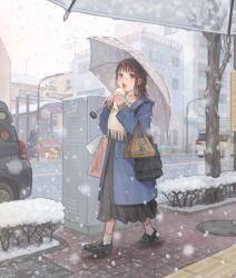 Rule 34 | 1girl, 1other, bag, baozi, black footwear, black skirt, blue coat, blush, brown eyes, brown hair, car, carrying, cityscape, coat, commentary request, dog, eating, food, highres, holding, holding food, holding umbrella, lamppost, loafers, long skirt, long sleeves, medium hair, motor vehicle, open clothes, open coat, open mouth, original, outdoors, pet walking, pleated skirt, road, scarf, shoes, shopping bag, sidewalk, skirt, snow, snowing, socks, solo focus, sweatdrop, tree, umbrella, utaka (anyoanyot), walking, white scarf, white socks, white umbrella