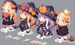 Rule 34 | 1girl, abigail williams (fate), abigail williams (second ascension) (fate), abigail williams (third ascension) (fate), abigail williams (traveling outfit) (fate), albino, alternate costume, bandaid, bandaid on face, bandaid on forehead, black dress, blonde hair, blue eyes, bomber jacket, bow, chibi, comic, commentary request, hugging doll, dress, english text, evil smile, fate/grand order, fate (series), figure, hair bow, hair bun, hat, hat bow, jacket, keyhole, long hair, long sleeves, multiple persona, hugging object, official alternate costume, pekeko (pepekekeko), red eyes, single hair bun, single thighhigh, sleeves past wrists, smile, streamers, stuffed animal, stuffed toy, teddy bear, tentacles, thighhighs, thong, translation request, white hair, witch hat