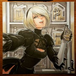 Rule 34 | 1girl, blue eyes, breasts, cabinet, cleavage, cleavage cutout, clothing cutout, commentary, dress, english commentary, gloves, hairband, holding, marker (medium), nier (series), nier:automata, oil, omar dogan, open mouth, photo (medium), see-through, short hair, side slit, smile, solo, source request, traditional media, white hair, 2b (nier:automata)