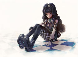 Rule 34 | 1girl, aililith, bad id, bad pixiv id, black hair, boots, checkered clothes, checkered floor, checkered legwear, curly hair, detached sleeves, fingernails, floor, grey background, grey eyes, half updo, legs together, long fingernails, original, pantyhose, simple background, sitting, solo, wavy hair
