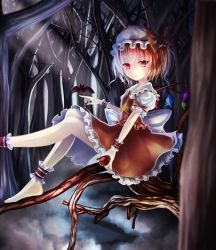 Rule 34 | 1girl, ankle cuffs, apple, ascot, bad id, bad pixiv id, bare tree, barefoot, bat (animal), blonde hair, flandre scarlet, fog, food, forest, frilled skirt, frills, fruit, hat, hat ribbon, highres, in tree, index finger raised, leg lift, light smile, looking at viewer, mob cap, nature, red eyes, ribbon, rinne (kouheiramia), short hair, sitting, sitting in tree, skirt, skirt set, solo, touhou, tree, wrist cuffs