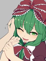 Rule 34 | 1girl, bow, collared dress, dress, frilled bow, frilled ribbon, frills, front ponytail, green eyes, green hair, grey background, hair between eyes, hair bow, hair ribbon, hand on another&#039;s cheek, hand on another&#039;s face, highres, kagiyama hina, long hair, looking at viewer, marsen, one eye closed, open mouth, puffy short sleeves, puffy sleeves, red bow, red dress, ribbon, short sleeves, simple background, touhou, wavy mouth, wince