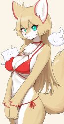Rule 34 | 1girl, animal ears, animal nose, bikini, body fur, breasts, brown background, brown fur, commentary request, furry, furry female, green eyes, highres, jeifier (character), jeifier (korfiorano01), large breasts, long hair, looking at viewer, navel, original, red bikini, side-tie bikini bottom, simple background, slit pupils, snout, solo, standing, swimsuit, tail, thighs, white fur