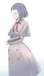 1girl 22/7 bow bowtie brown_dress closed_eyes closed_mouth dress feet_out_of_frame from_side furumoto grey_hair highres hiiragi_tsubomi long_sleeves red_bow red_bowtie solo standing white_background