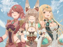 Rule 34 | 3girls, blonde hair, blue sky, breasts, chest jewel, cleavage, cleavage cutout, clothing cutout, fangs, gloves, grey hair, headpiece, large breasts, locked arms, multiple girls, mythra (xenoblade), nia (blade) (xenoblade), nia (xenoblade), open mouth, pyra (xenoblade), red hair, remaco, sky, small breasts, smile, tiara, xenoblade chronicles (series), xenoblade chronicles 2