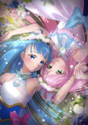 Rule 34 | 2girls, absurdres, alternate hairstyle, ascot, blue dress, blue eyes, blue hair, bow, brooch, closed mouth, commentary, cure prism, cure sky, cut bangs, detached sleeves, dress, dress bow, earrings, field, flower, flower field, green eyes, hair down, hand in another&#039;s hair, head wreath, highres, hirogaru sky! precure, jewelry, long hair, looking at another, lying, magical girl, minccino7, multicolored hair, multiple girls, nijigaoka mashiro, on back, open mouth, pink hair, precure, puffy detached sleeves, puffy sleeves, sleeveless, sleeveless dress, smile, sora harewataru, streaked hair, very long hair, white ascot, white dress, wing brooch, yuri