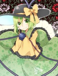 Rule 34 | 1girl, abe suke, blush, bow, closed mouth, floral background, floral print, green eyes, green hair, green skirt, hair between eyes, hat, hat bow, komeiji koishi, looking at viewer, short hair, signature, skirt, sleeves past wrists, smile, solo, third eye, touhou, yellow bow