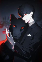 Rule 34 | 1boy, absurdres, alternate costume, amamiya ren, animal, black jacket, black necktie, black panther, btmr game, commentary, hair between eyes, highres, jacket, long sleeves, looking at viewer, male focus, neckie, necktie, panther, parted lips, persona, persona 5, red eyes, signature, symbol-only commentary, upper body
