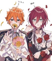 Rule 34 | 2boys, akehoshi subaru, blue eyes, blush, bouquet, ensemble stars!, flower, flower over mouth, glasses, highres, holding, holding bouquet, looking at viewer, male focus, multiple boys, orange hair, parted lips, pink flower, pink rose, rabi (r b 0215), red flower, red hair, red rose, rose, saegusa ibara, short hair, sunflower, teeth, translation request, white background, white flower, white rose, yellow flower