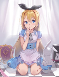 Rule 34 | 1girl, ace (playing card), ace of spades, alice (alice in wonderland), alice in wonderland, animal, apron, black hat, black ribbon, blonde hair, blue dress, blue eyes, blush, card, checkered floor, closed mouth, commentary request, crown, curtains, dress, drink me, frilled apron, frilled sleeves, frills, hair between eyes, hair ribbon, hand to own mouth, hand up, hat, highres, long hair, looking at viewer, newey, playing card, rabbit, ribbon, see-through, short sleeves, sitting, smile, solo, spade (shape), top hat, transparent, very long hair, waist apron, wariza, white apron, window