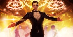 Rule 34 | 1boy, 6+others, backlighting, black bow, black hair, bow, brown eyes, chandelier, diffraction spikes, eyepatch, formal, hair slicked back, highres, indoors, long hair, looking at viewer, majima goro, male focus, money, multiple others, parted lips, pony (animal), ryuu ga gotoku (series), ryuu ga gotoku 1, sai4898, smile, solo, solo focus, suit, yellow theme