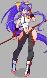 Rule 34 | 1girl, average-hanzo, blazblue, blazblue: central fiction, blazblue variable heart, blue hair, blush, breasts, fingerless gloves, full body, genderswap, genderswap (mtf), gloves, hair between eyes, halterneck, highres, holding, holding weapon, long hair, mai natsume, midriff, pants, ponytail, sideboob, solo, very long hair, weapon