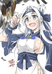 Rule 34 | 1girl, ainu clothes, bird, blue eyes, blue headband, breasts, cropped jacket, dated, folded ponytail, hawk, headband, highres, kamoi (kancolle), kantai collection, large breasts, open mouth, pelvic curtain, sideboob, sidelocks, signature, simple background, smile, solo, teeth, thick eyebrows, upper teeth only, usami (50-point caliper), white background, white hair, wrist guards