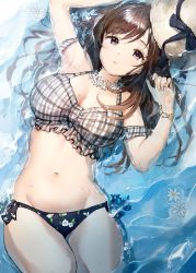 Rule 34 | 1girl, armpits, arms up, bare shoulders, bikini, blush, bracelet, breasts, brown hair, cleavage, floral print, flower, flower necklace, grey bikini, hat, highres, idolmaster, idolmaster shiny colors, jewelry, large breasts, long hair, looking at viewer, lying, navel, necklace, on back, pink eyes, solo, sun hat, swept bangs, swimsuit, takeashiro, thighs, tsukioka kogane, water