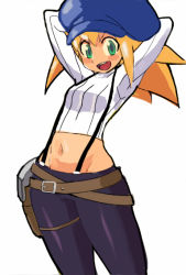 Rule 34 | 1girl, :d, arms up, belt, blonde hair, blush, blush stickers, breasts, cabbie hat, call (red ash), capcom, casual, comcept, cosplay, cowboy shot, creator connection, drawfag, green eyes, groin, hat, holster, katosei, looking at viewer, mega man (series), mega man legends (series), midriff, multiple belts, navel, open mouth, pants, red ash, roll caskett (mega man), short hair, simple background, skin tight, small breasts, smile, solo, striped, suspenders, sweater, thigh holster, vertical stripes