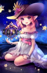 Rule 34 | 10s, 1girl, astrologian (final fantasy), bare shoulders, bent over, blush, bow, collarbone, earrings, female focus, final fantasy, final fantasy xiv, flower, hat, highres, jewelry, looking at viewer, magic, magic circle, night, open mouth, pink bow, pink eyes, pink hair, pointy ears, short hair, sitting, smile, solo, squchan, star (symbol)